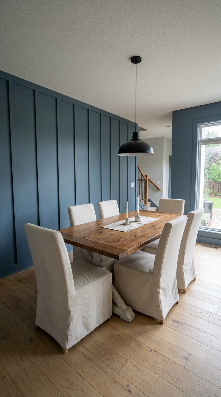 Dusty slate blue board and batten wall molding in a farmhouse dining room with slipcovered chairs