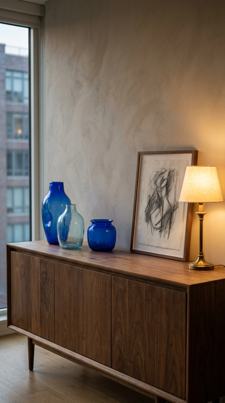 Three blue hand-blown glass vessels styled on a walnut sideboard with a brass lamp