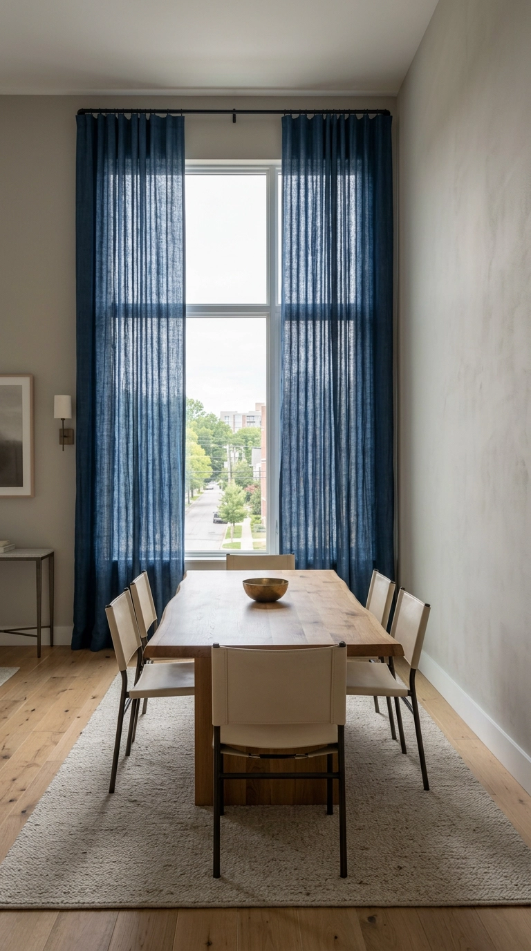 Floor-to-ceiling indigo linen curtains beside an oak dining table with cream leather chairs