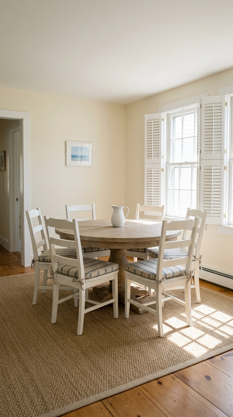 White dining chairs with blue and cream ticking stripe seat cushions around a weathered oak table