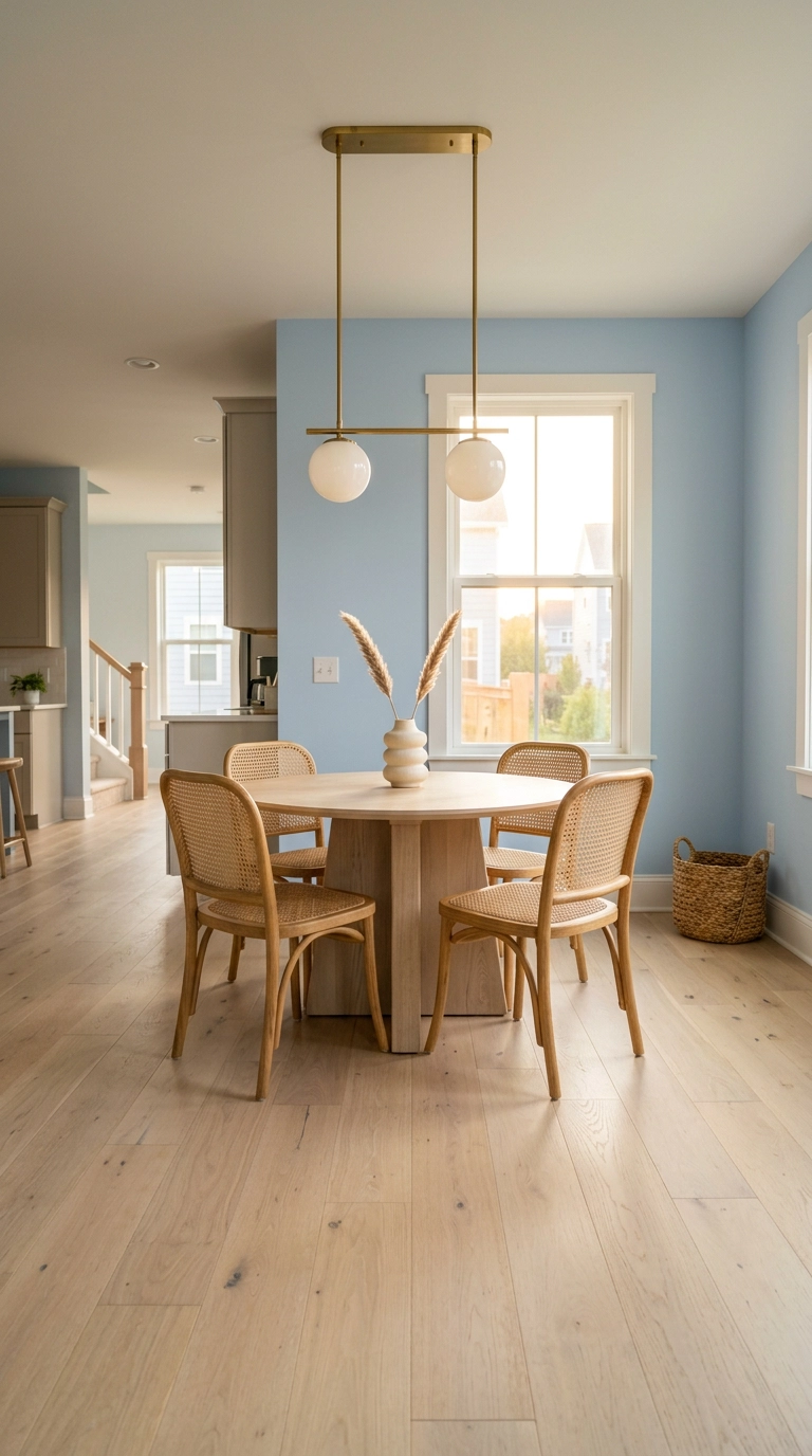 Powder blue dining room with cane back chairs, white oak table, and brass pendant light