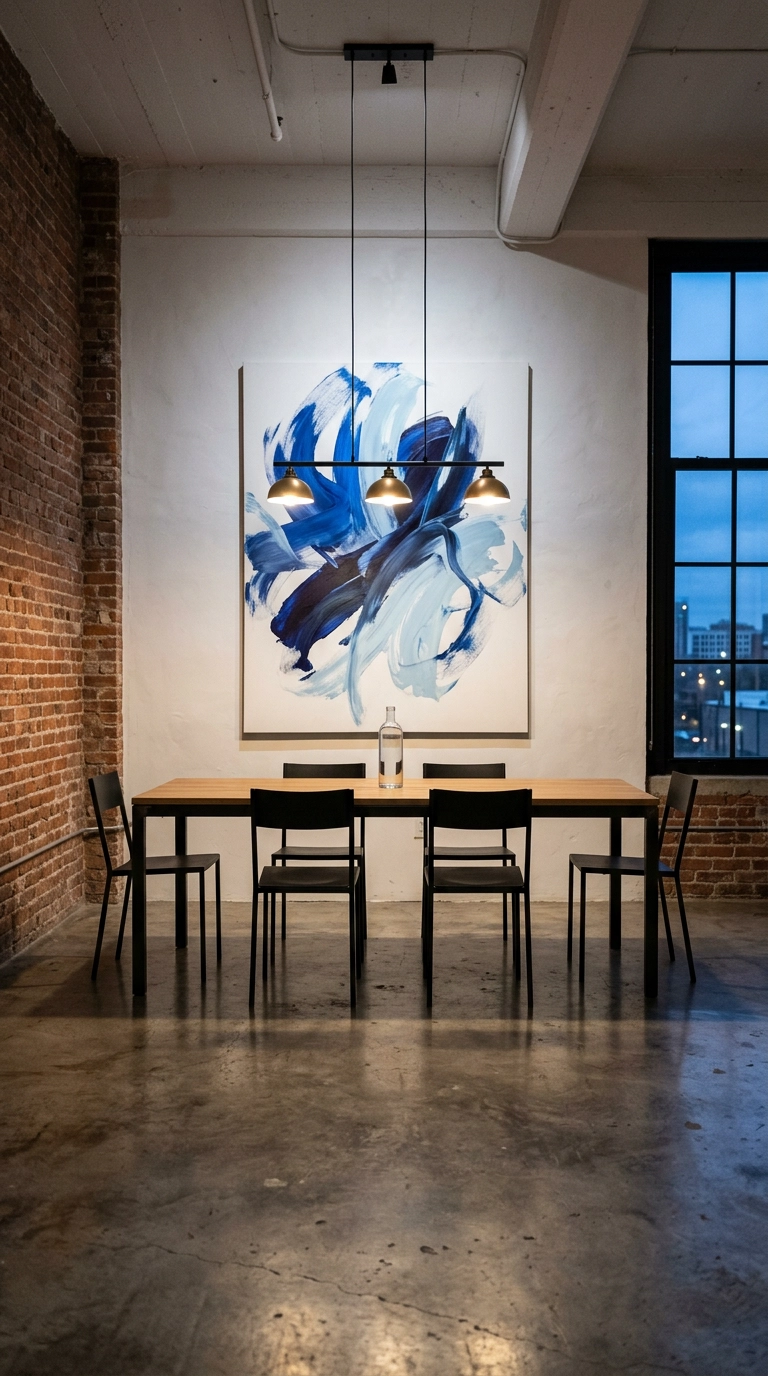 Oversized cobalt blue abstract canvas above a narrow steel and oak dining table in a loft