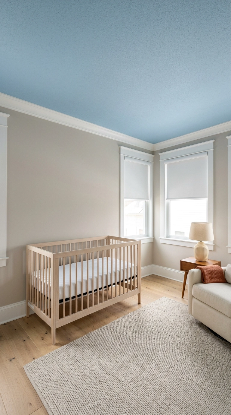 Powder blue painted nursery ceiling above a bare white oak crib and cream glider