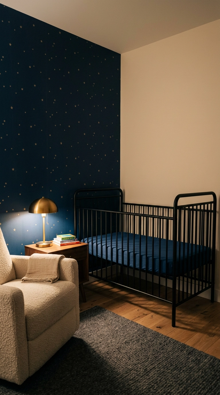 Inky midnight blue star wallpaper behind a bare black metal nursery crib
