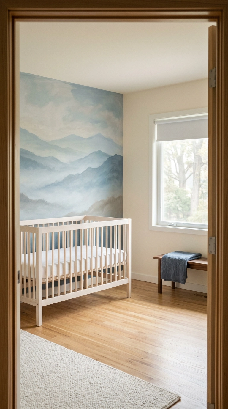Misty blue mountain mural in a nursery with a bare white spindle crib