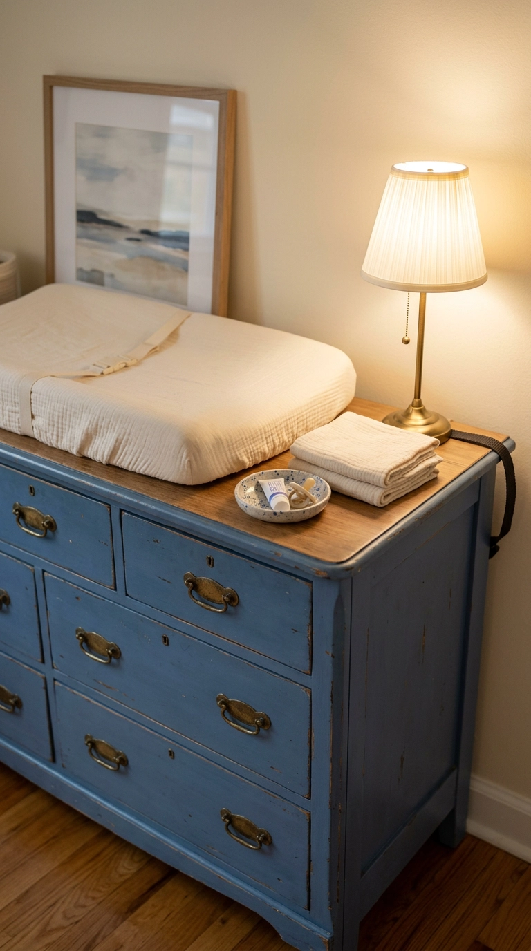 Blue-painted vintage nursery dresser used as a changing station with anchor strap
