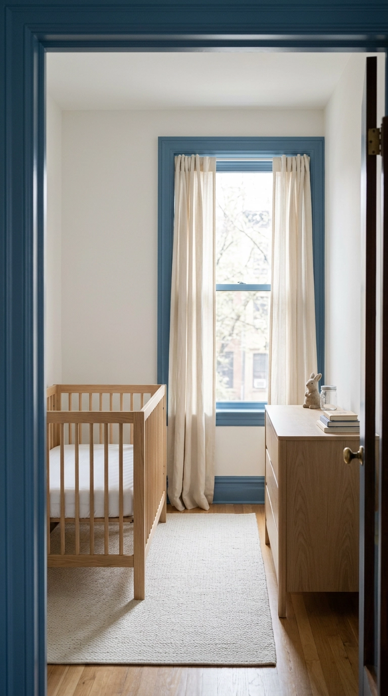 Wedgwood blue painted trim and door in a white nursery with a bare oak crib