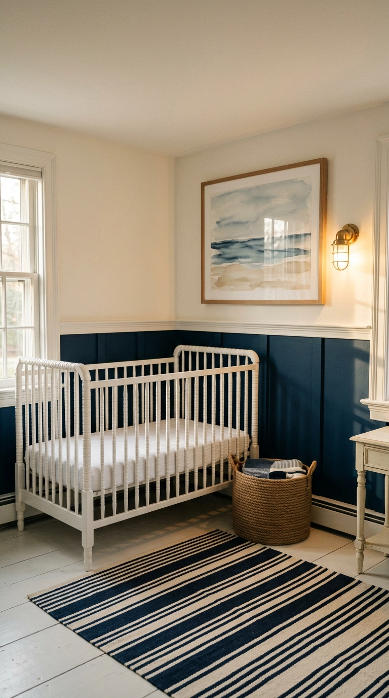 Navy and white nautical nursery with a bare spindle crib and abstract seascape art