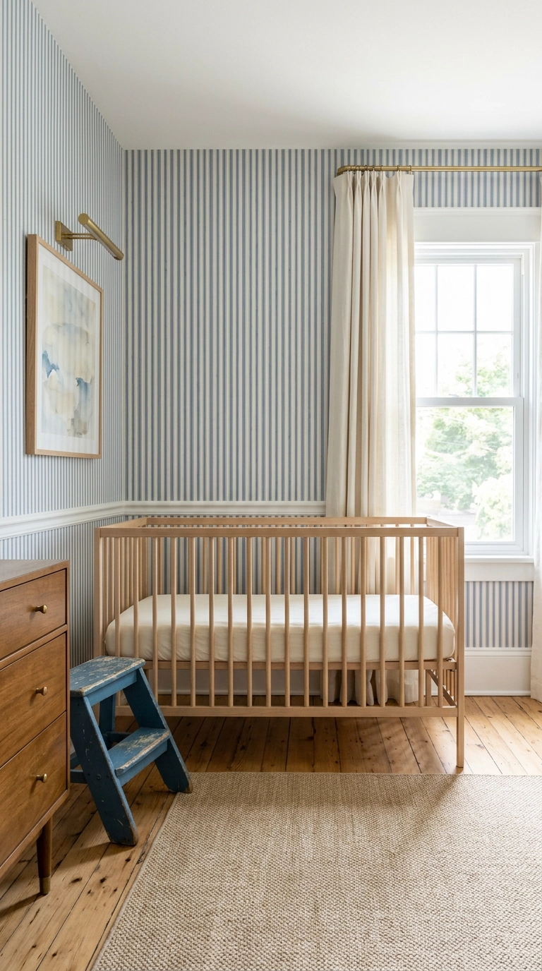 Blue and cream ticking stripe wallpaper in a nursery with a bare oak crib