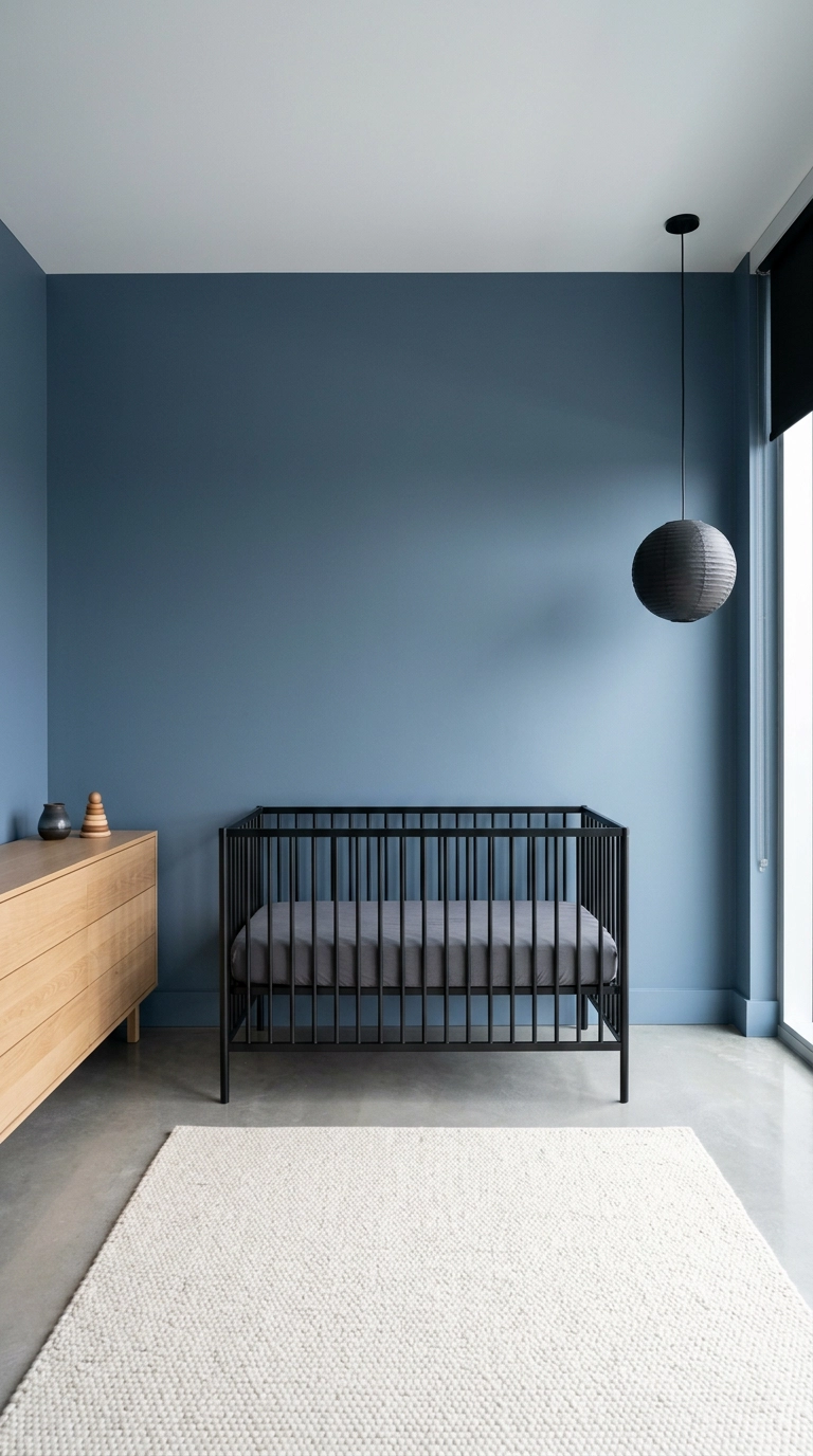 Minimalist slate blue nursery with a bare black metal crib and white oak dresser