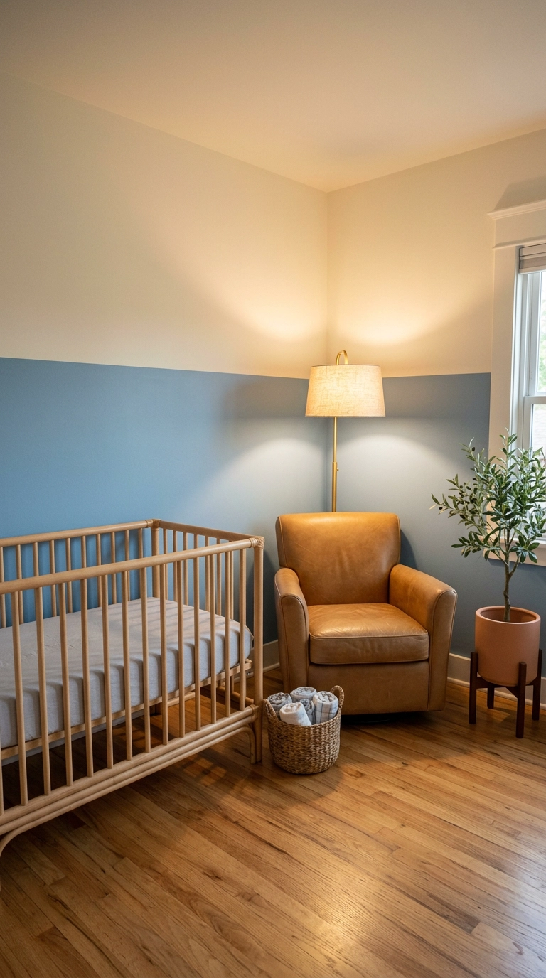 Chambray blue two-thirds painted nursery wall with a rattan crib and camel leather chair