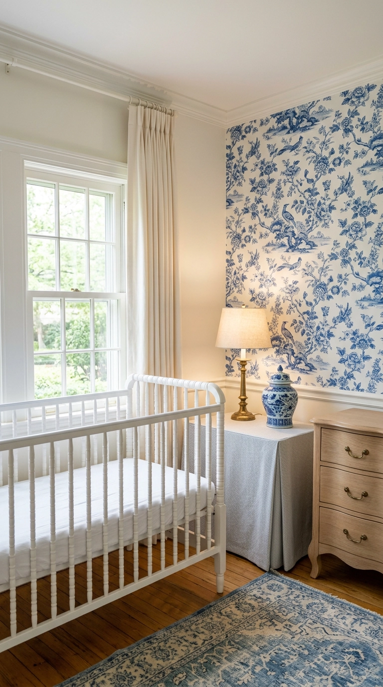 Delft blue and white grandmillennial nursery with a bare white spindle crib
