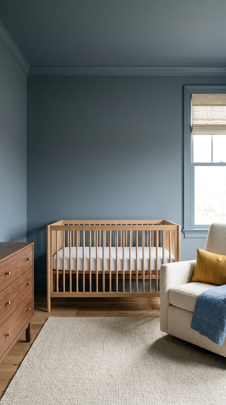 Slate blue-grey color-drenched nursery with a bare white oak crib and walnut dresser