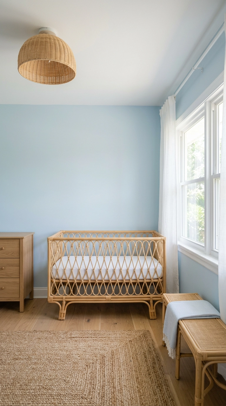 Pale sky blue coastal nursery with a bare rattan crib and jute rug
