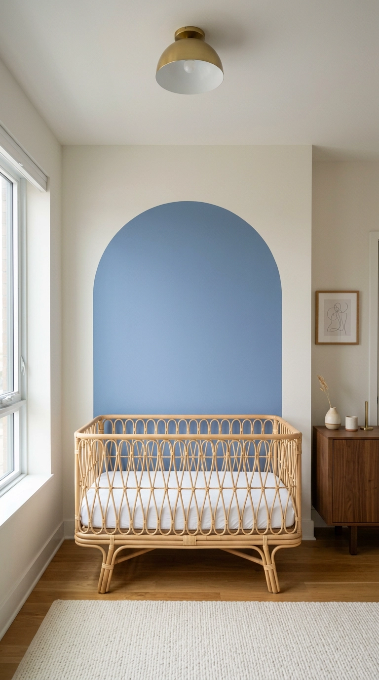 Dusty cornflower blue painted arch behind a bare rattan nursery crib