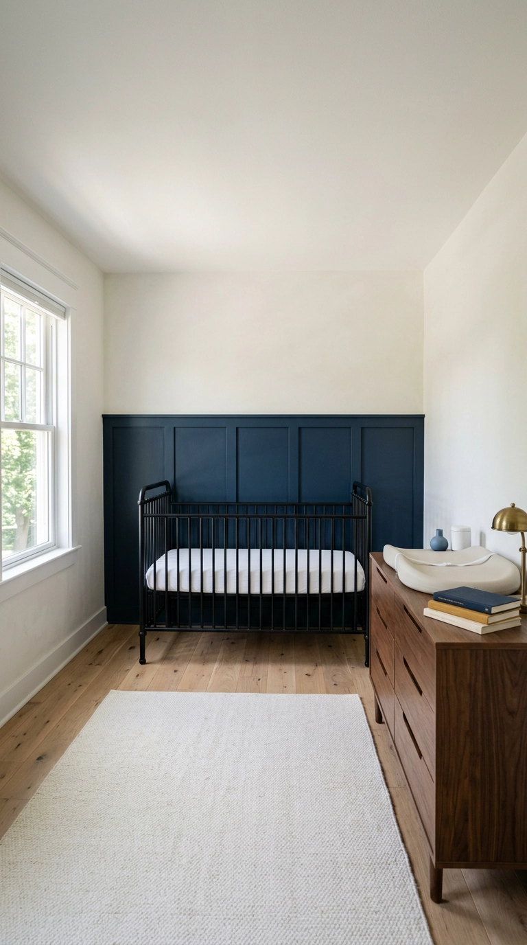 Deep navy board and batten nursery wall with a black spindle crib and walnut dresser