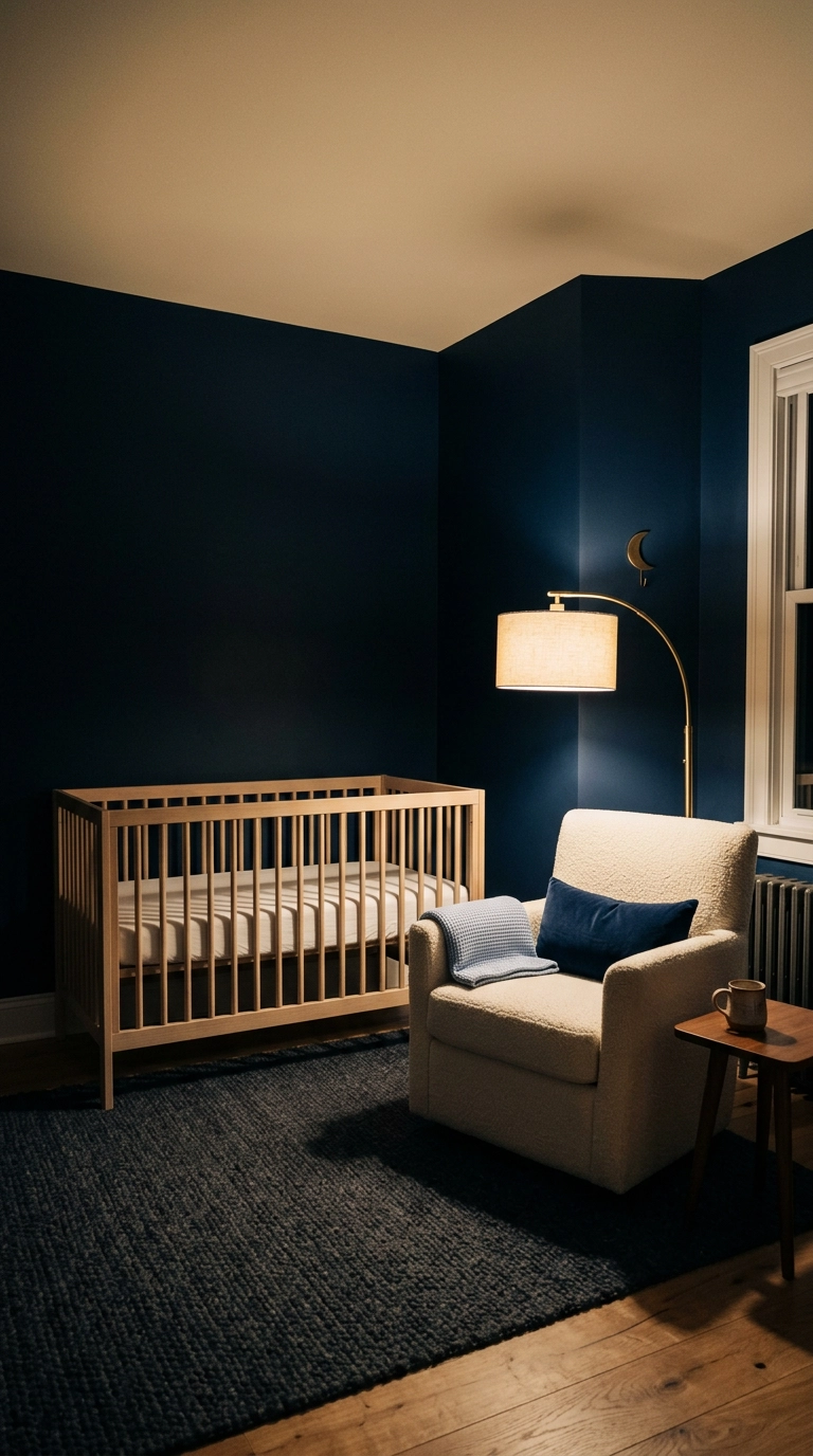Deep midnight blue celestial nursery with a bare white oak crib and brass accents