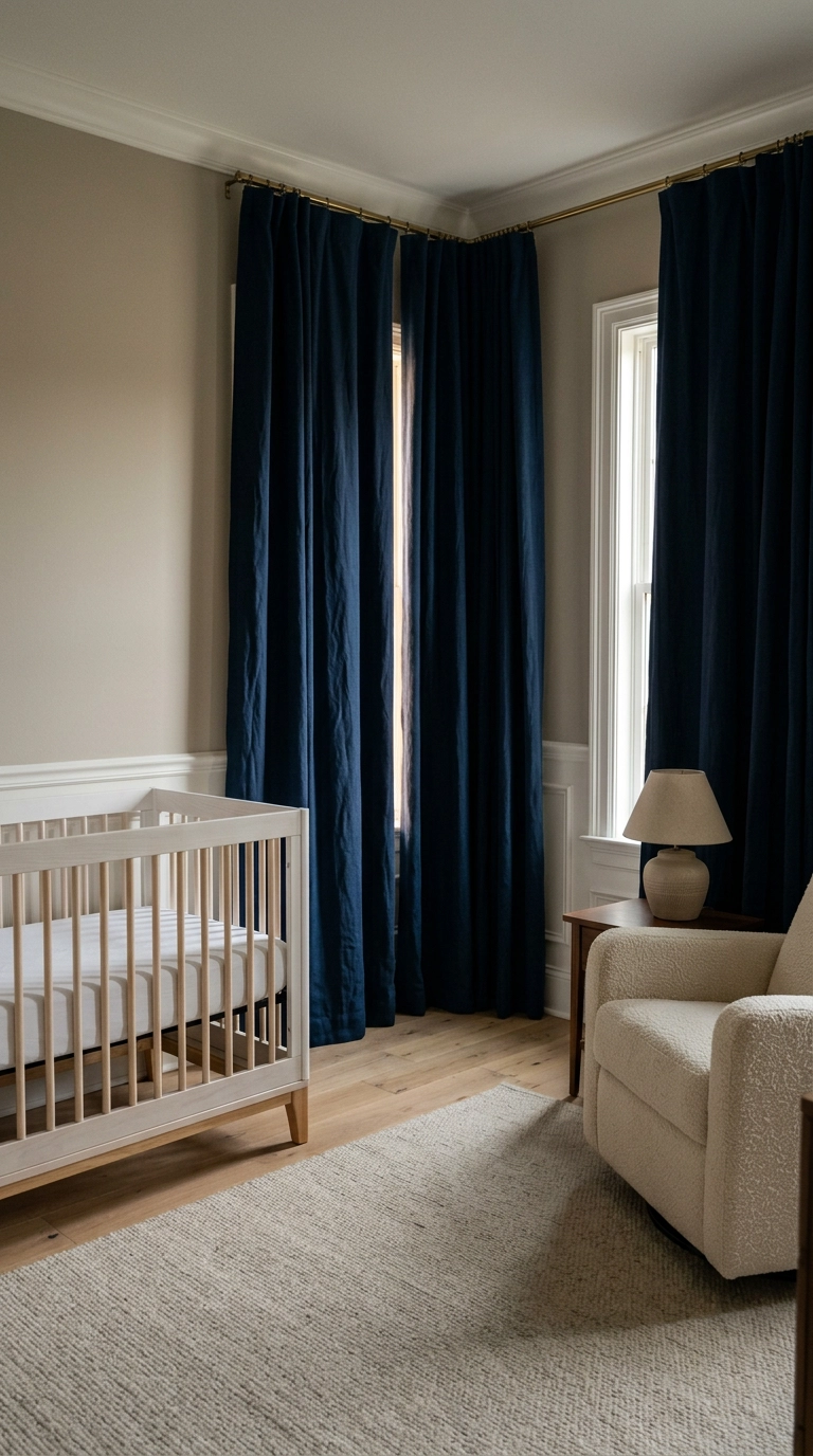 Navy blue blackout nursery curtains hung high and wide beside a bare crib