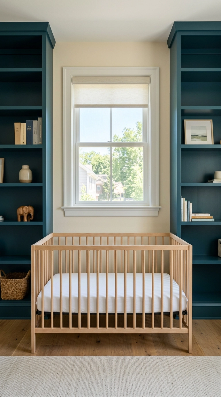 Peacock teal-blue built-in nursery bookshelves flanking a window