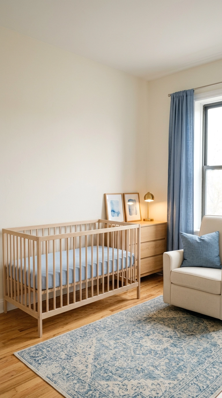 Blue textile nursery with cornflower curtains and leaning art over neutral walls