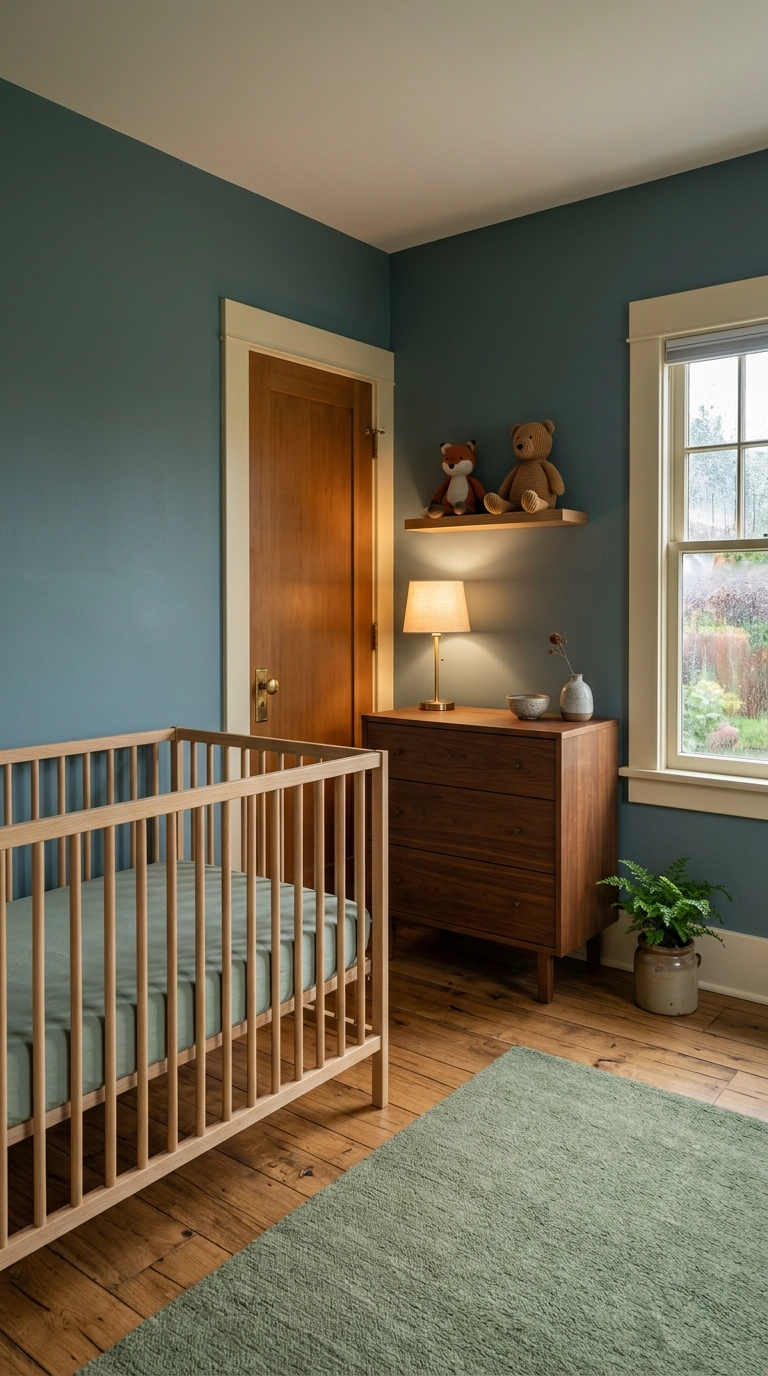 Stormy blue-green woodland nursery with a bare oak crib and sage wool rug