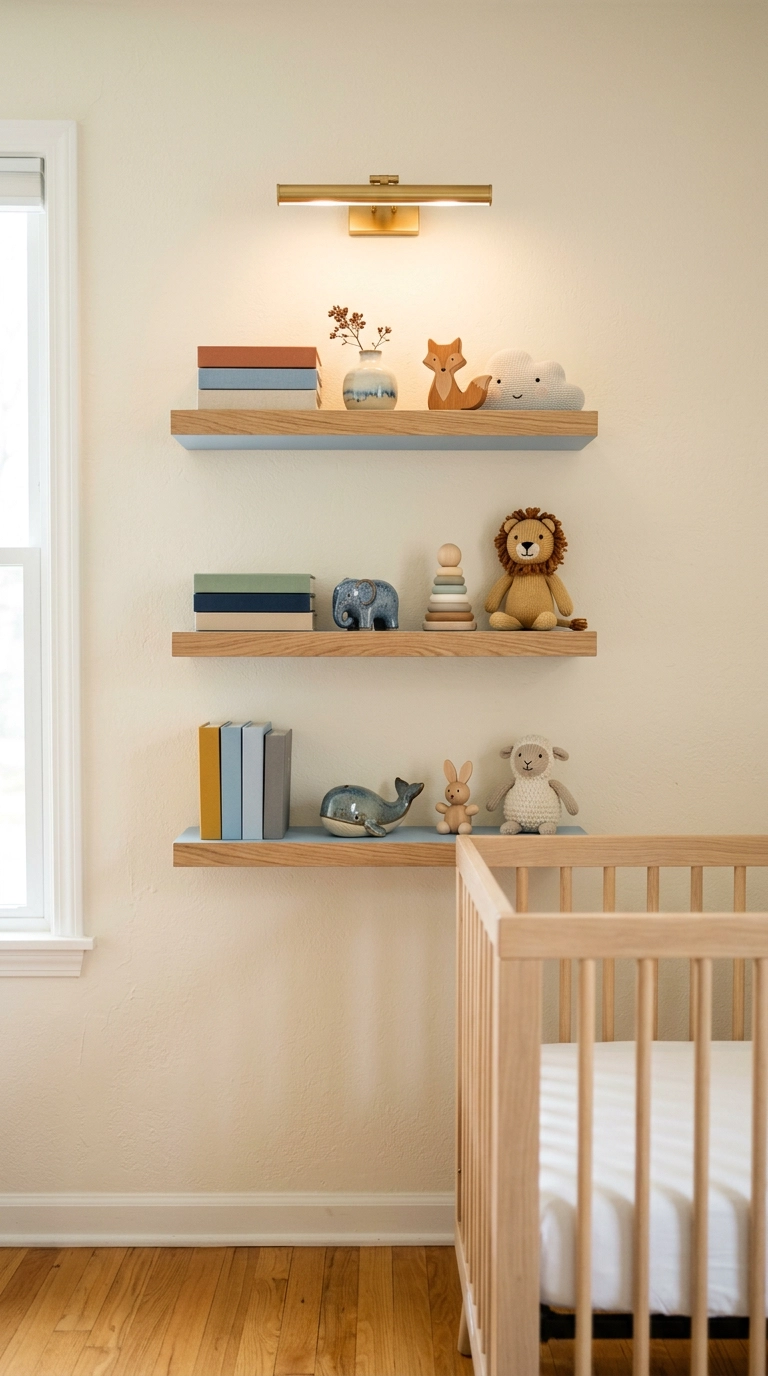 Powder blue nursery wall shelves styled with board books and a soft toy