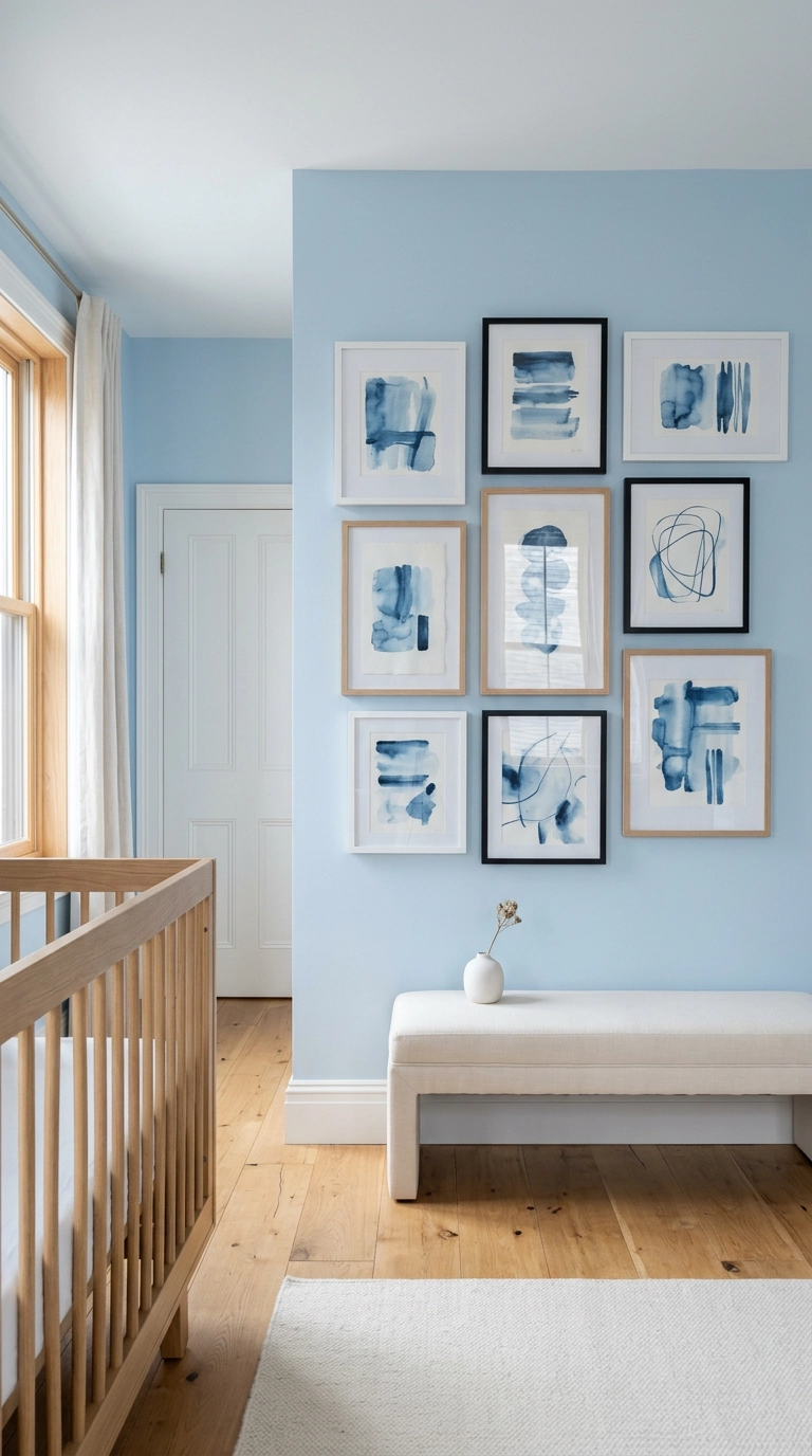 Gallery wall of blue-toned abstract prints across from a bare nursery crib