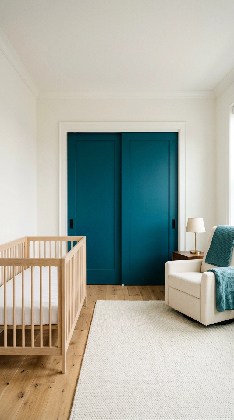 Peacock teal-blue painted nursery closet doors across from a bare oak crib