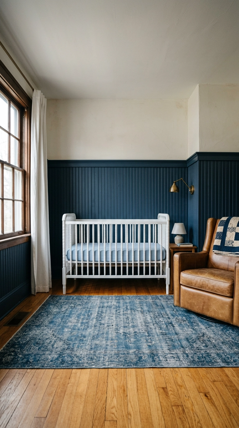 Navy beadboard wainscot nursery wall with a bare white crib and camel leather glider