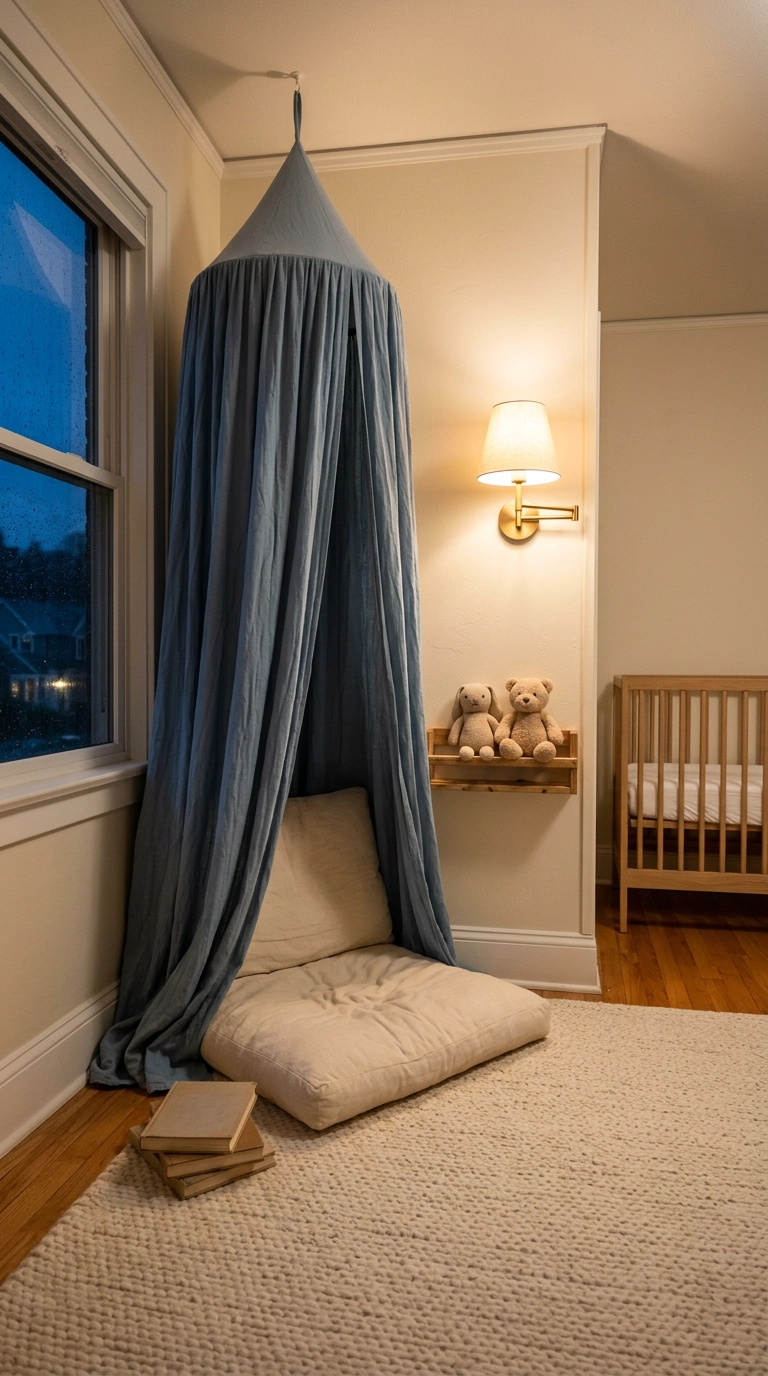 Dusty blue fabric canopy over a nursery reading nook with a bare crib beyond