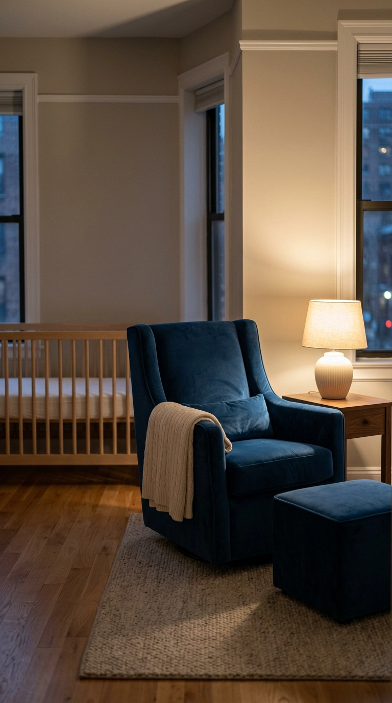 French blue velvet nursery glider beside a bare white oak crib