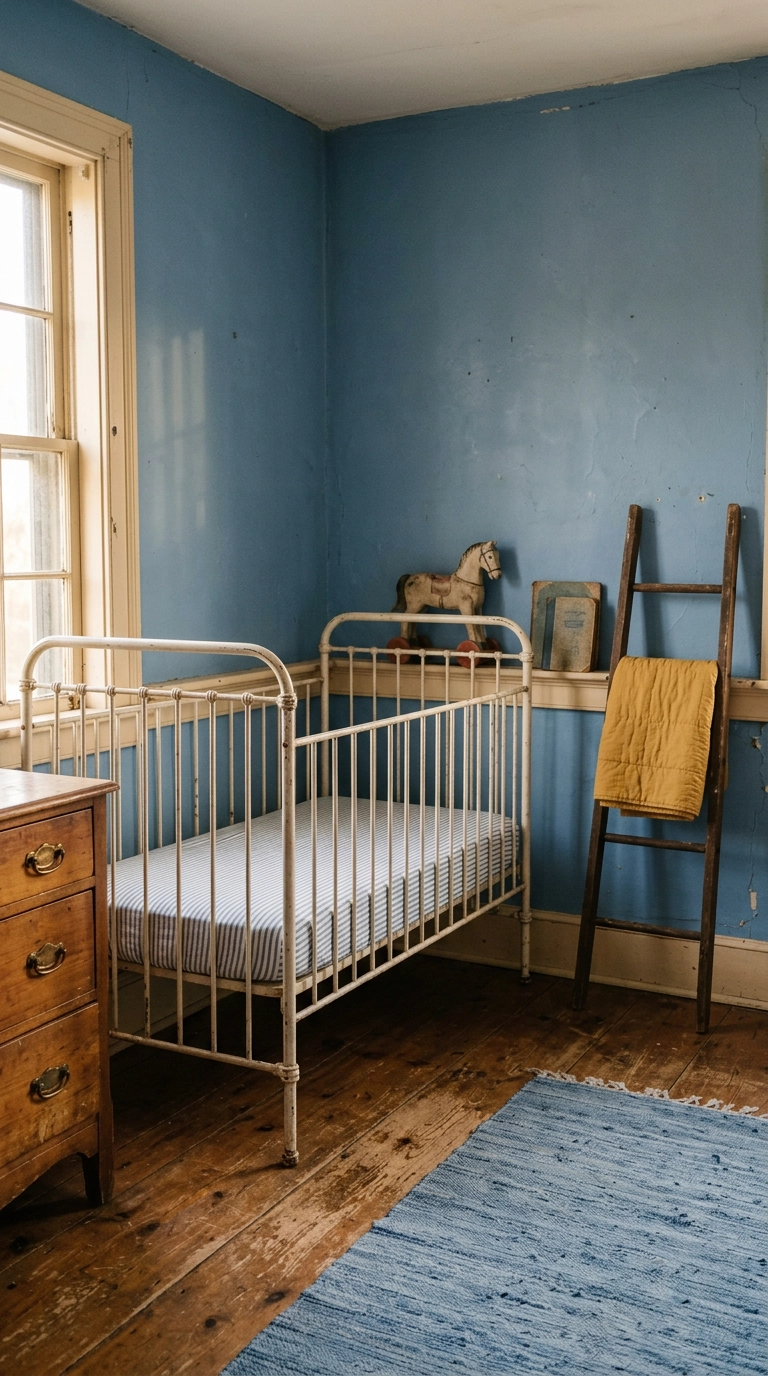Faded denim blue nursery with an antique iron crib and vintage wooden toys