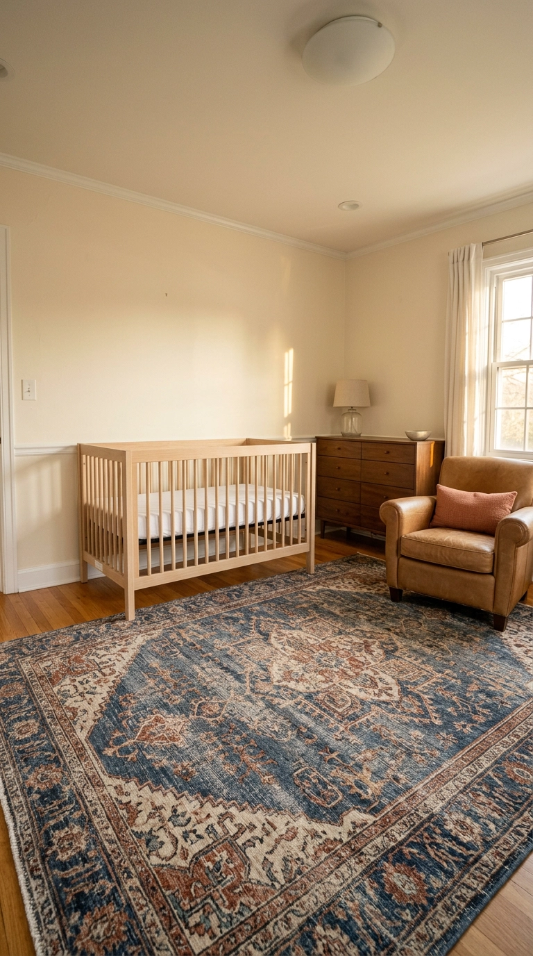 Vintage indigo and rust Persian nursery rug under a bare white oak crib