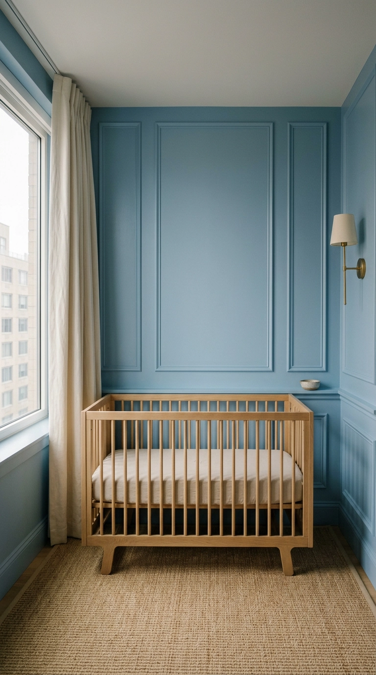 French blue picture frame molding nursery wall behind a bare light oak crib