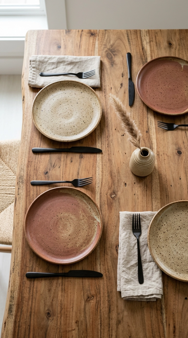 Overhead view of speckled hand-thrown stoneware plates and linen napkins on a boho dining table