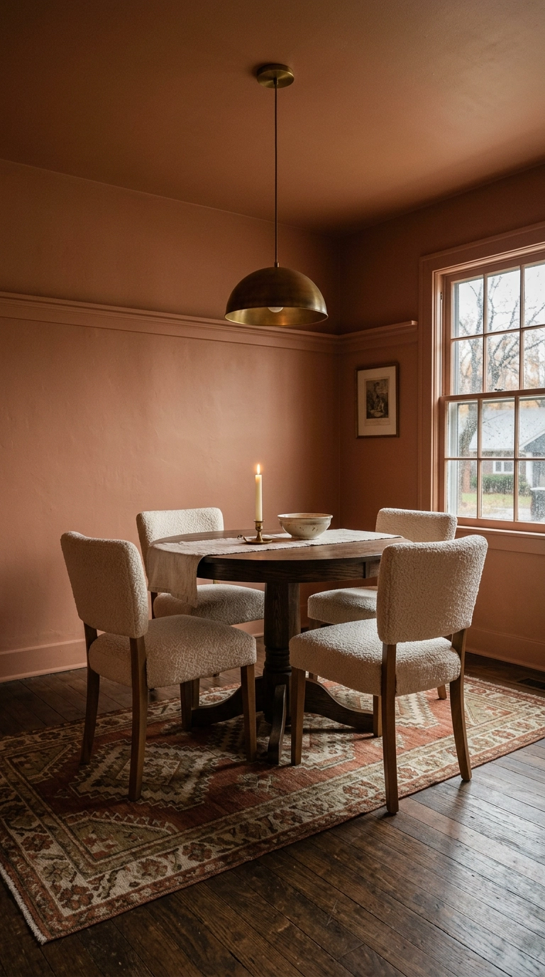 Small boho dining room color drenched in matte warm clay paint with a dark oak pedestal table