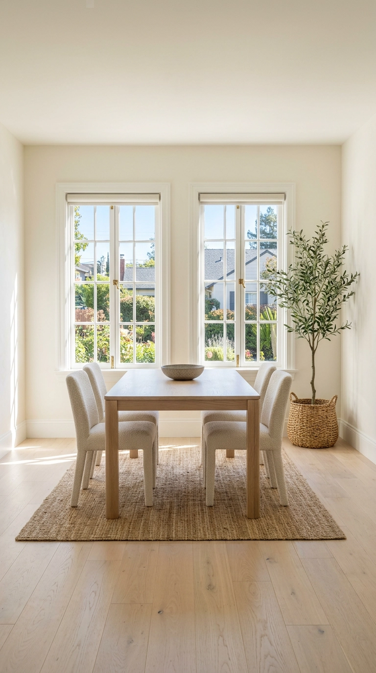 Tall olive tree in a seagrass basket planter in the corner of a bright boho dining room