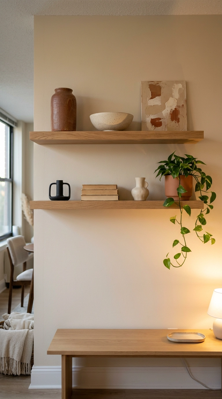 Two floating white oak shelves styled with a few large stoneware pieces in a boho dining room