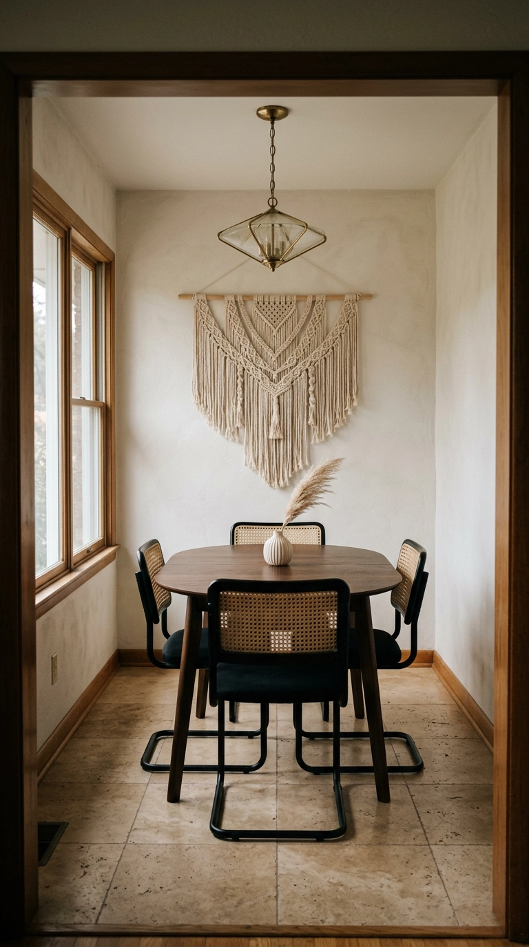 Large natural cotton macrame wall hanging above a dark oval boho dining table
