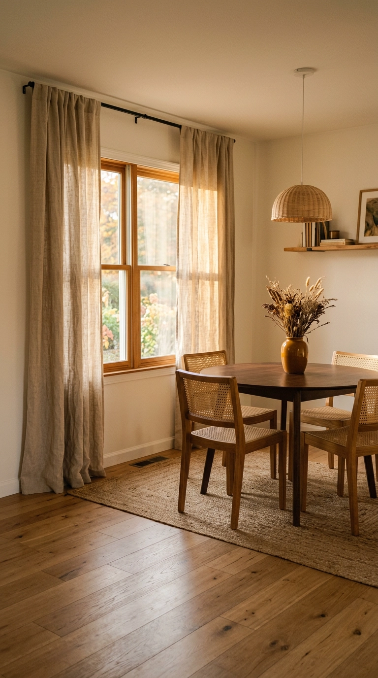 Floor-length oatmeal linen curtains hung high beside a walnut round boho dining table