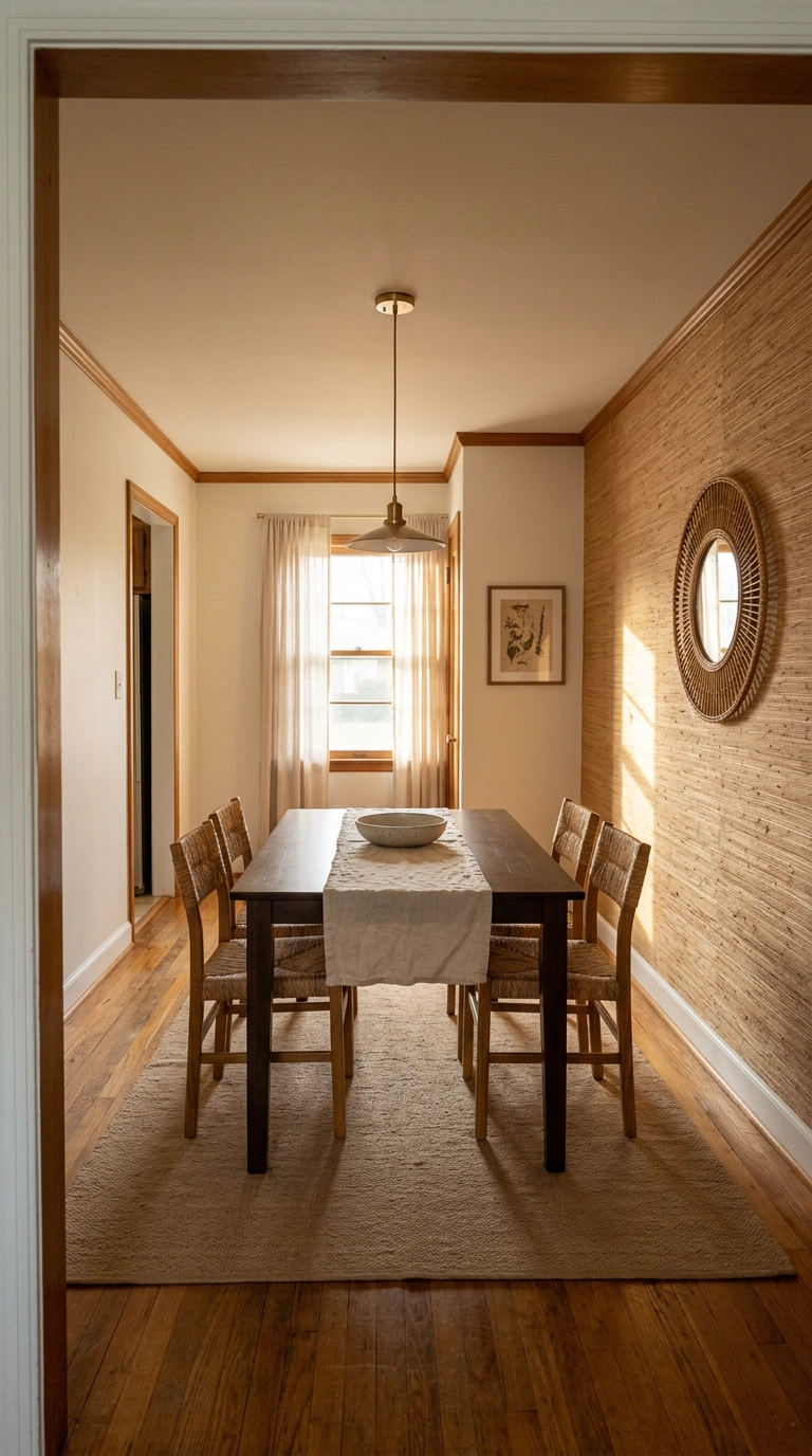Honey tobacco grasscloth wallpaper on one wall of a boho dining room with a dark wood table