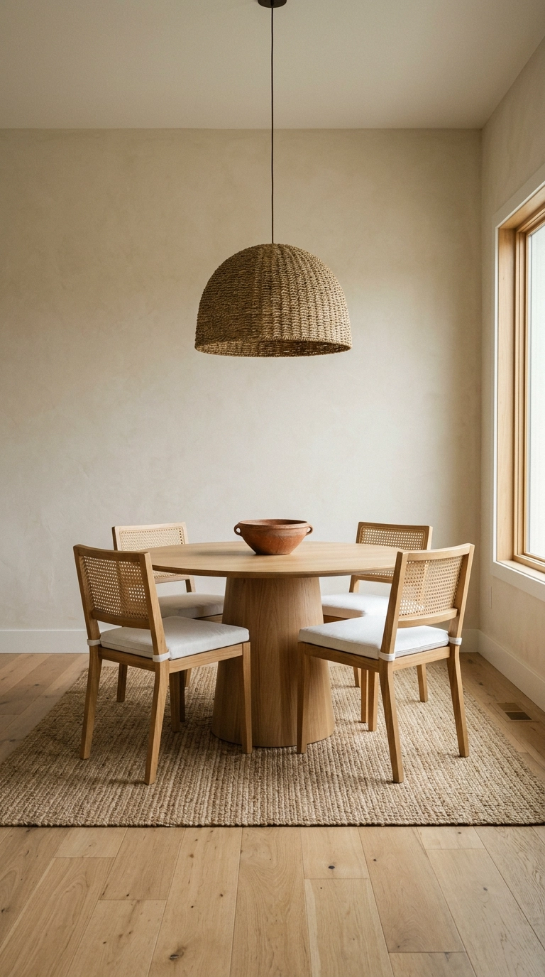 Woven seagrass pendant light hanging low over a round oak boho dining table with cane chairs