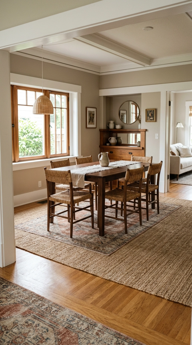Faded vintage Turkish rug layered over a large jute rug beneath a walnut dining table