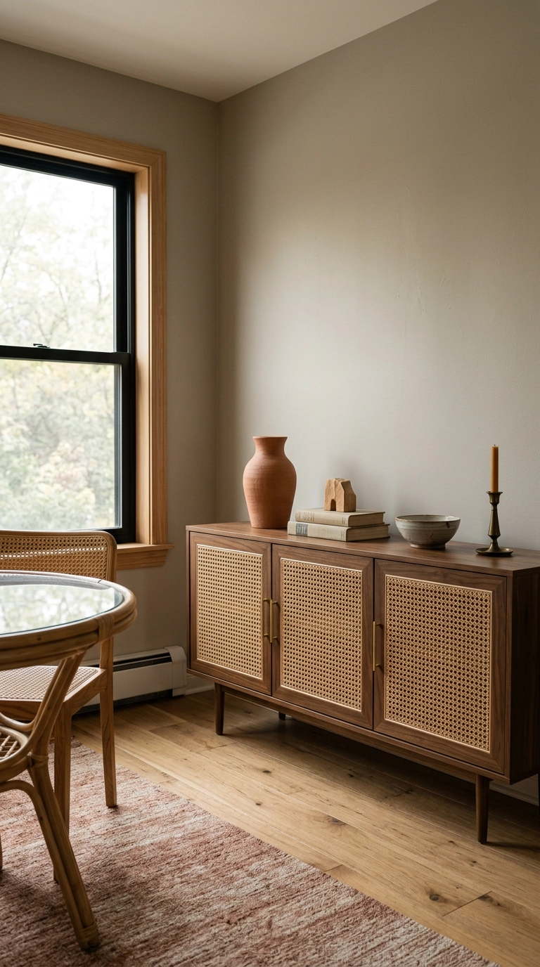 Walnut sideboard with cane webbing cabinet doors styled with four objects in a boho dining room