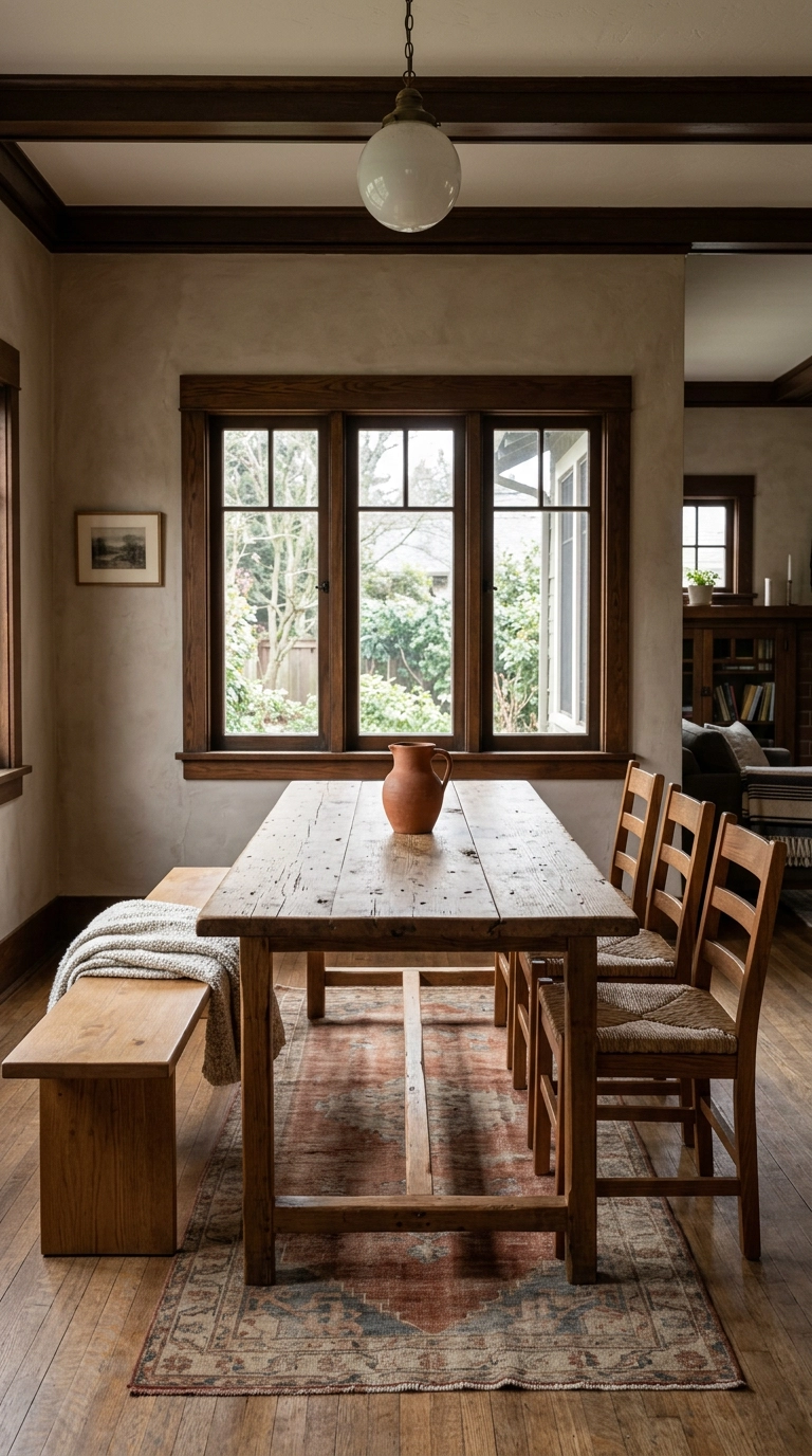 Solid oak bench along one side of a reclaimed pine boho dining table with rush seat chairs opposite