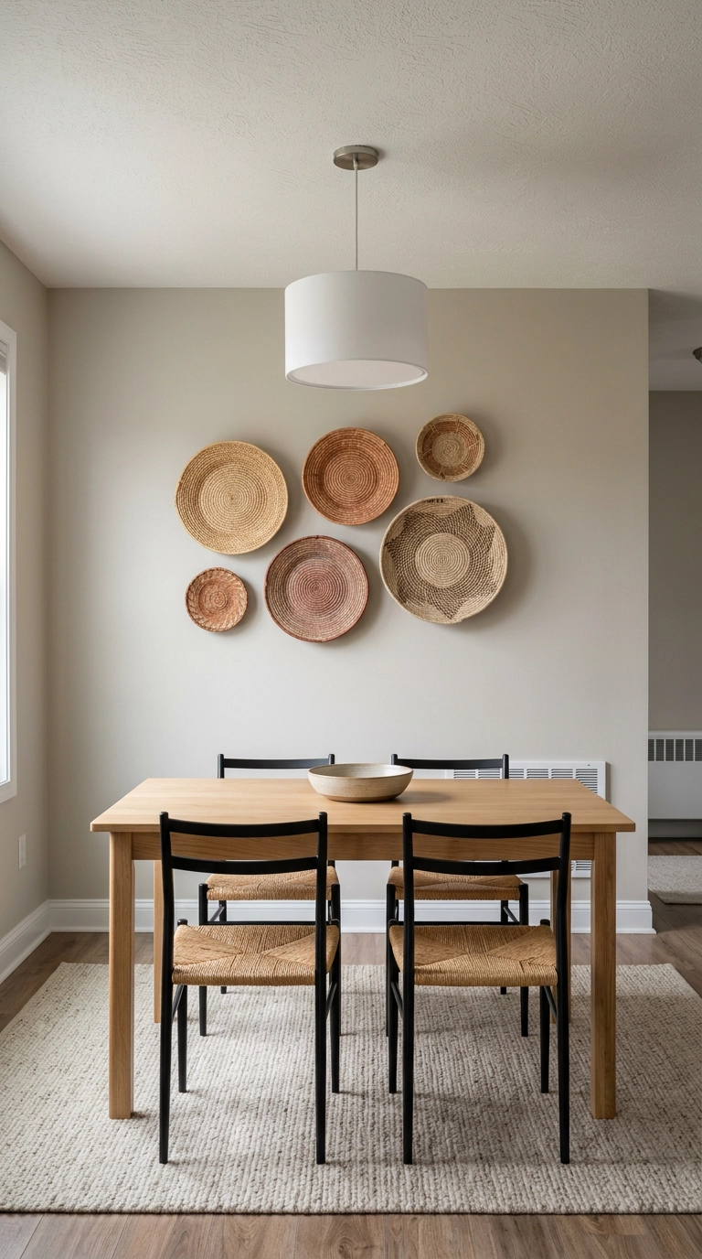 Cluster of five flat woven baskets in graduated sizes on the wall above a light oak boho dining table