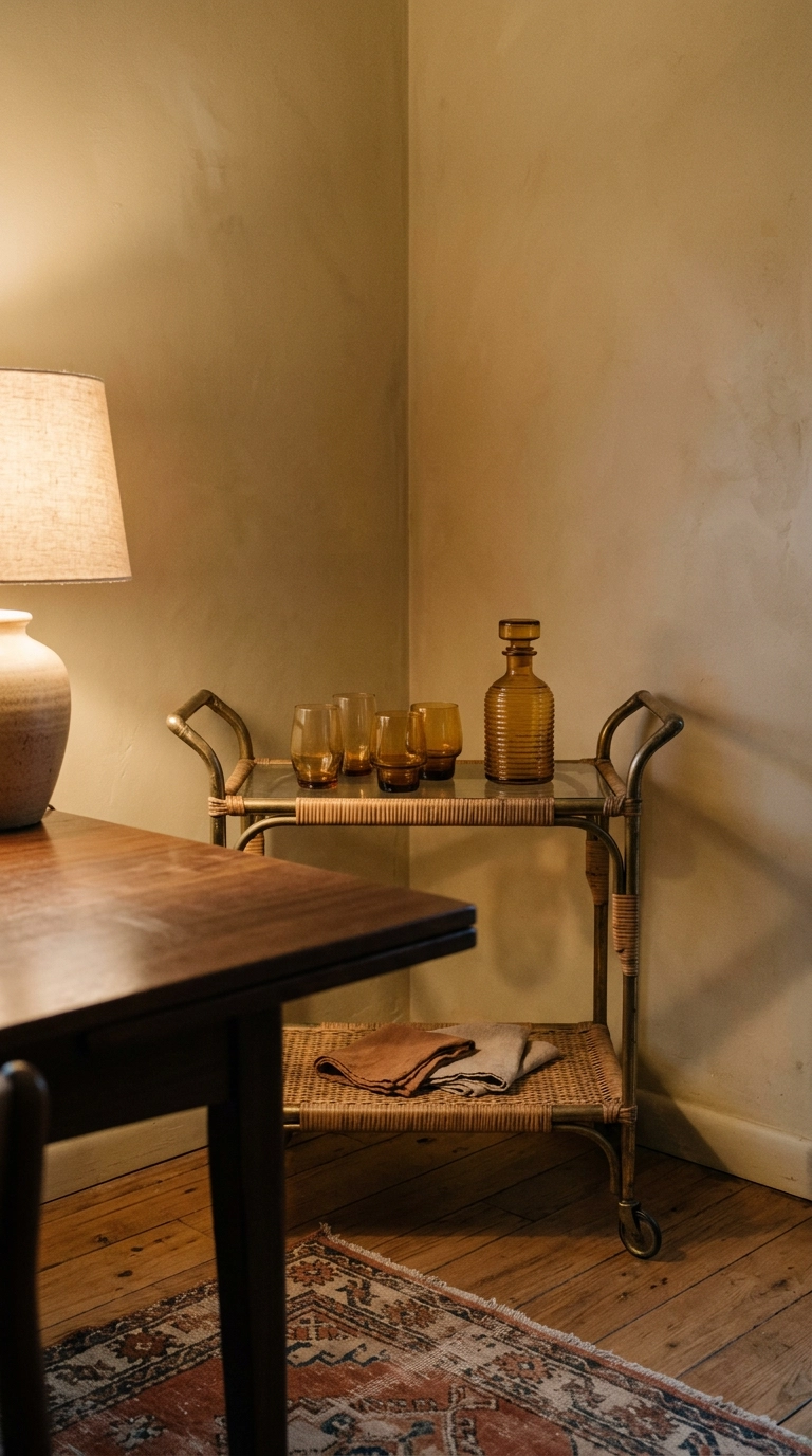 Vintage rattan and brass bar cart styled with amber glassware in the corner of a boho dining room