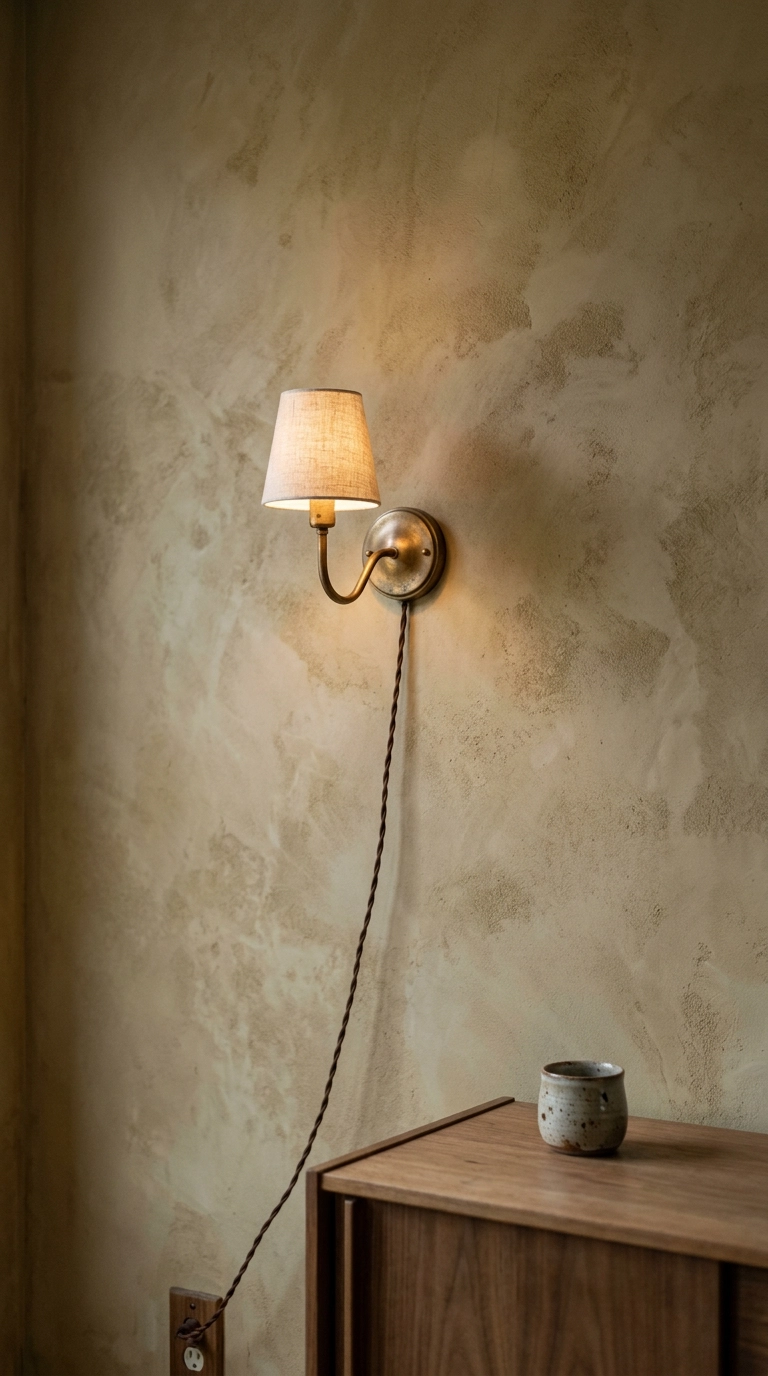 Aged brass plug-in wall sconce with fabric cord mounted on a muted ochre plaster dining room wall
