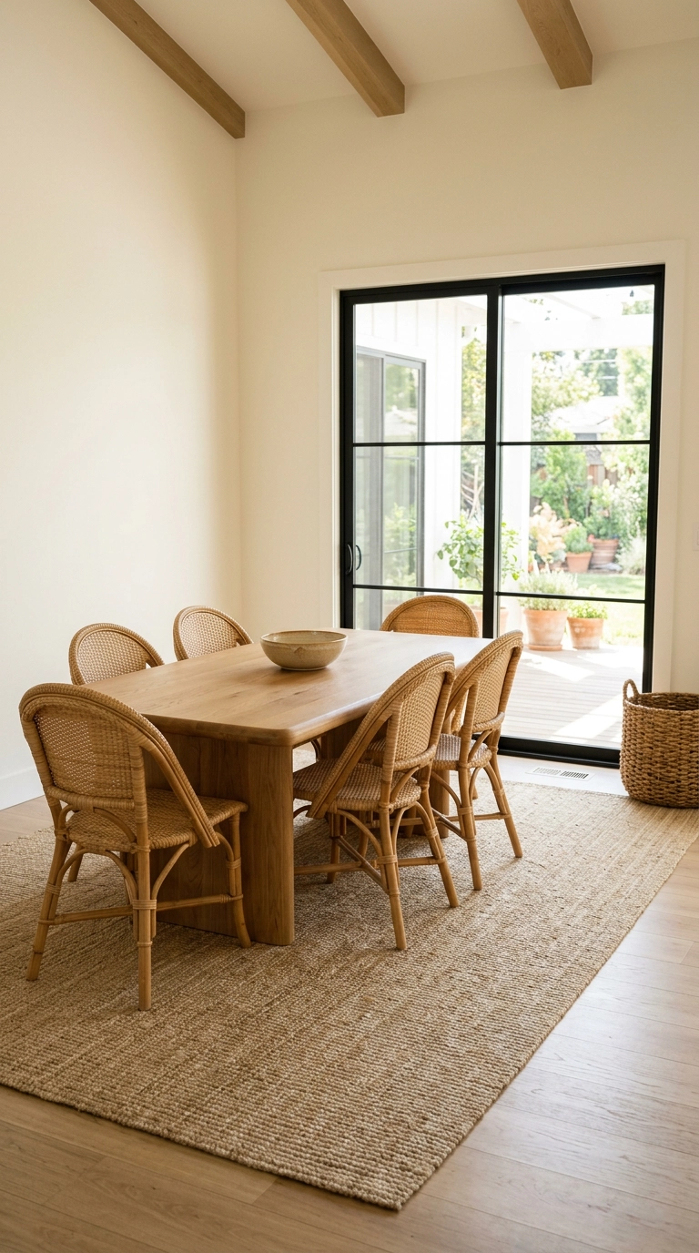 Six rattan and cane dining chairs surrounding a thick solid oak boho dining table