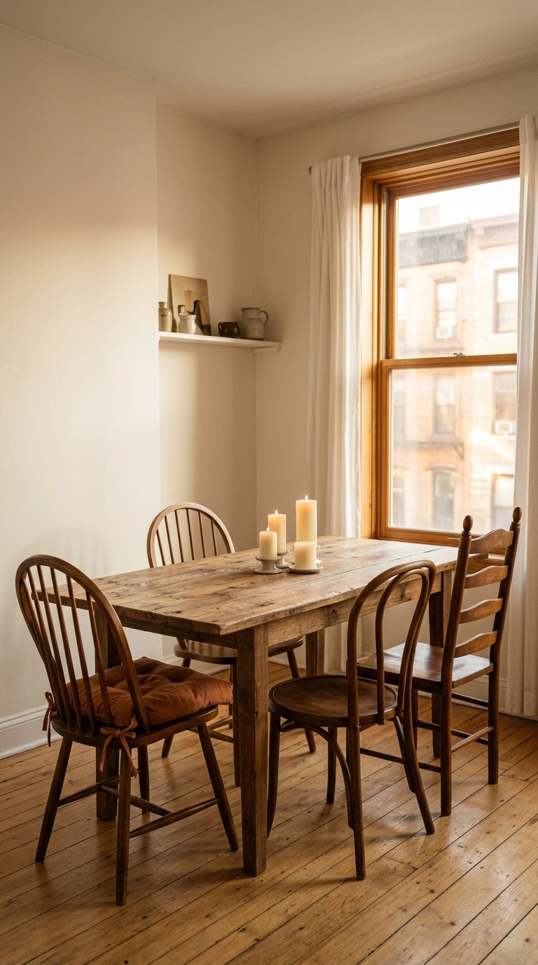 Four mismatched wooden dining chairs in matching walnut tones around a reclaimed elm table